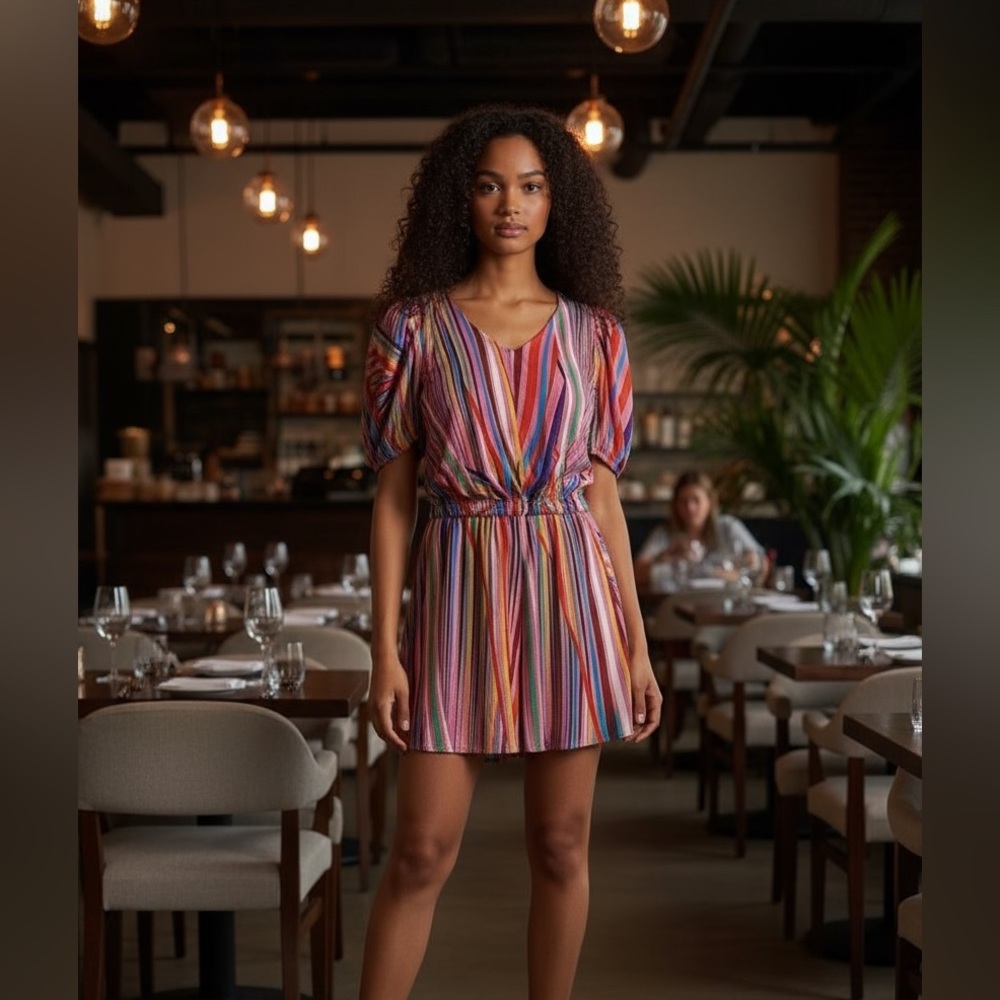 Line & Dot Multicolor Puff Sleeve Silk Mini Dress | Size S